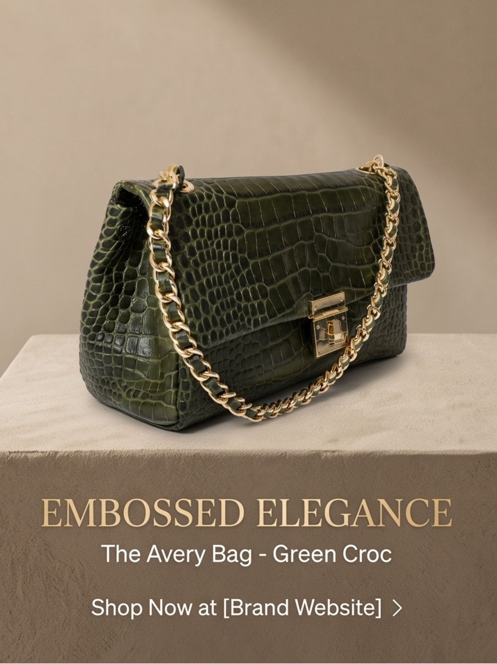 Claudia Women’s Croc-Embossed Shoulder Bag in Olive Green with Gold Chain Strap
